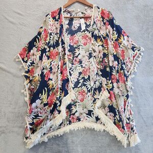 Charming Charlie Navy Floral Fringe Kimono One Size NEW Boho Bloomcore Festival